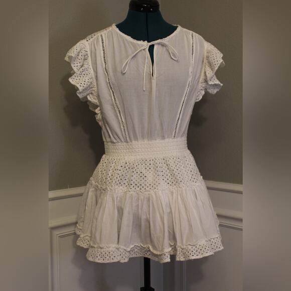 MISA Los Angeles Sarika White Eyelet Smocked Mini Dress Flutter Sleeve Size S - Picture 2 of 7